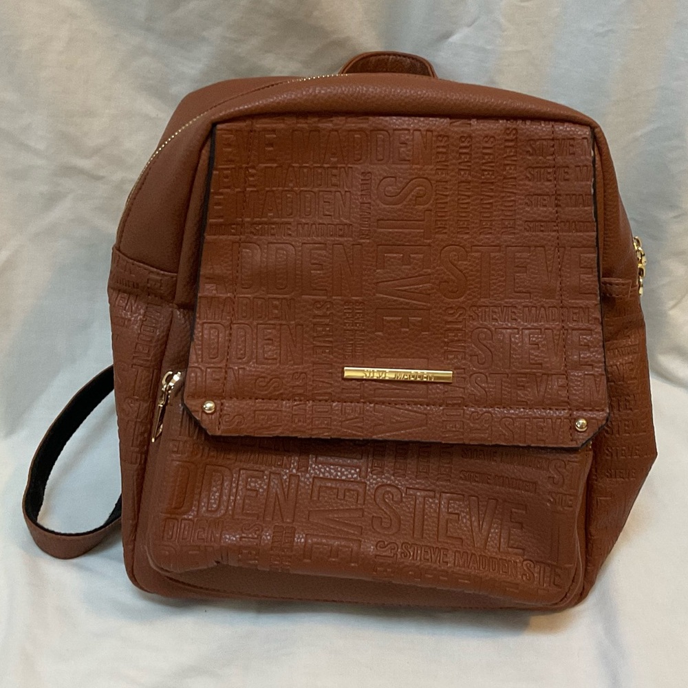 Steve Madden Brown Faux(?) Leather Backpack Purse Gold EUC - Picture 3 of 10